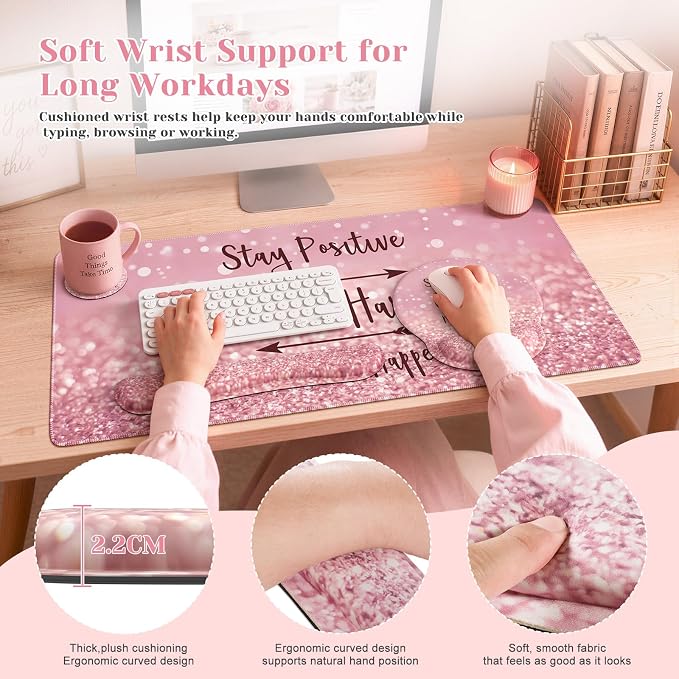 iCasso Mouse Pad, Large Pink Desk Mat Set, 4in1 XXL Mousepad + Keyboard Wrist - Image 4