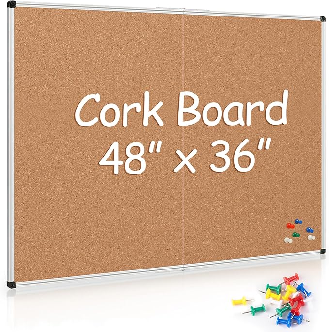 Board2by Cork Board Bulletin Board 36 x 48, Silver Aluminium Framed 4x3 Corkboard, Foldable Office Board for Wall, Large Wall Mounted Notice Pin Board with 36 Push Pins for School, Home & Office-DeskLoop Office