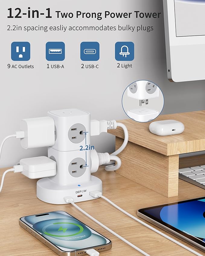 2 Prong Power Strip, 2 to 3 Prong Outlet Adapter with 9 Outlets 3 USB Ports (2 USB C), 1700J Two Prong Surge Protector, 5FT Power Strip Tower, Wall Mount for Old House Non-Grounded Outlets-DeskLoop Office