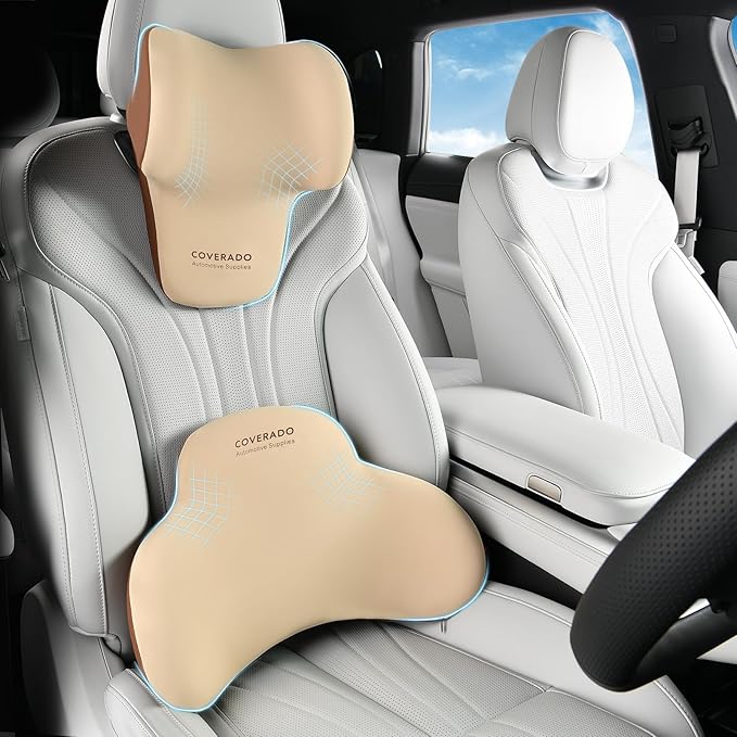 Coverado Lumbar Support and Car Neck Pillow, Ergonomic Memory Foam Desk Chair Cushion and Headrest Pillow for Car Office Chair, Sciatica & Neck & Tailbone Pain Relief Cushion-Beige-DeskLoop Office