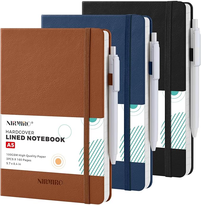 Lined Journal Notebook, with Pen, Leather Hardcover, 3 Pack, by NIRMIRO