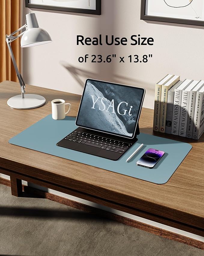 YSAGi Leather Desk Protector, Office Mat, Large Mouse Mat, Non-Slip PU Leather Blotter, Laptop Desk Pad, Waterproof Writing Pad for Office and Home (Ice Blue, 23.6" x 13.8")-DeskLoop Office