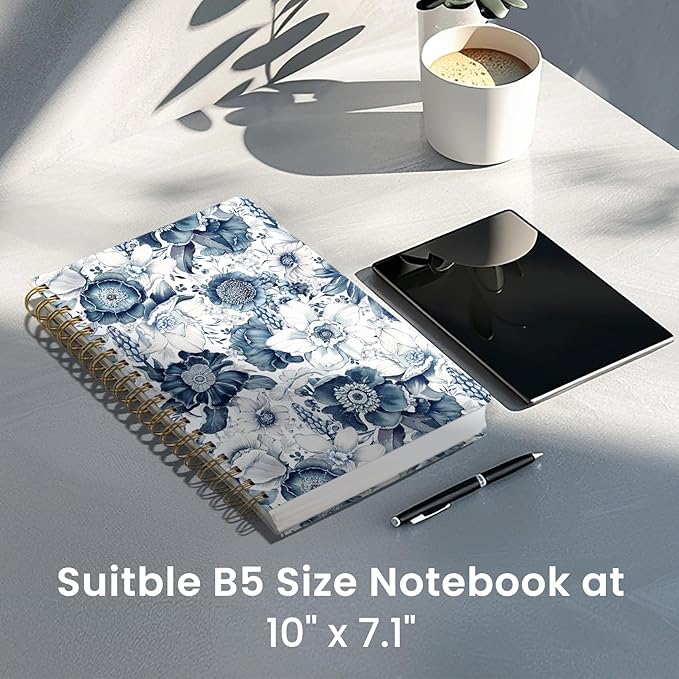 Lined Spiral Notebook Journal for Work, 300 Pages Thick B5 (7.1"x10") College Ruled Journal for Women & Writing, Hardcover Notebook for Note Taking, Perfect for Office Home School, Blue Floral-DeskLoop Office