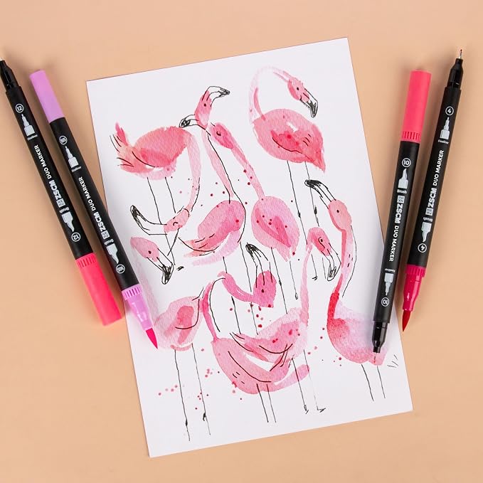 ZSCM Pink Duo Tip Marker Pens, 12 Pack Fine & Brush Markers - Image 5