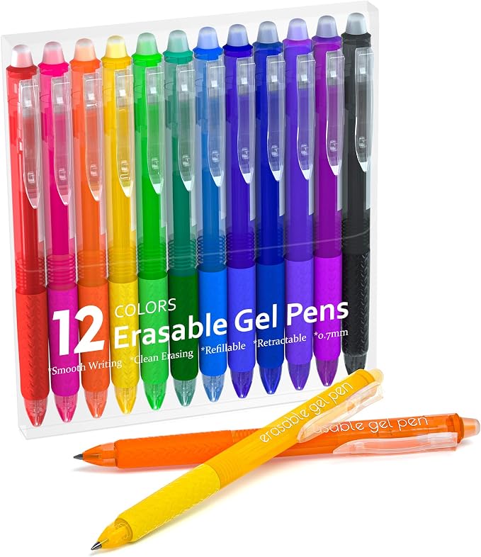 Lineon Erasable Gel Pens, 12 Colors Retractable Fine Point Erasable Pens Clicker by ShuttleArt