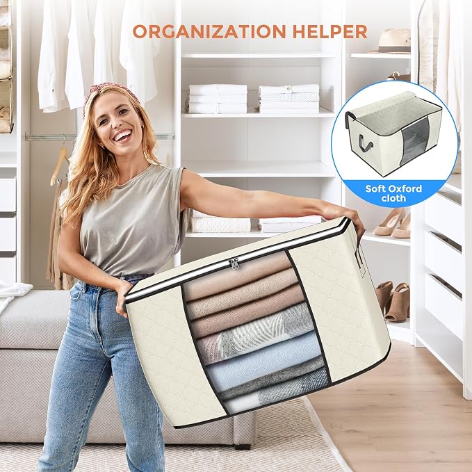 90 L Large Storage Bags, 4 Pack Clothes Storage Bins Foldable Closet Organizers - Image 6