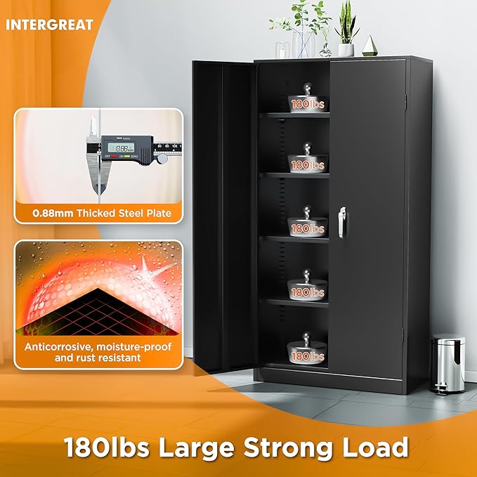 INTERGREAT Garage Storage Cabinets with Lock,72" H Metal Storage Cabinet with Doors and Adjustable Shelves, Steel Tool Cabinet for Garage, Office, Warehouse, School, Black-DeskLoop Office