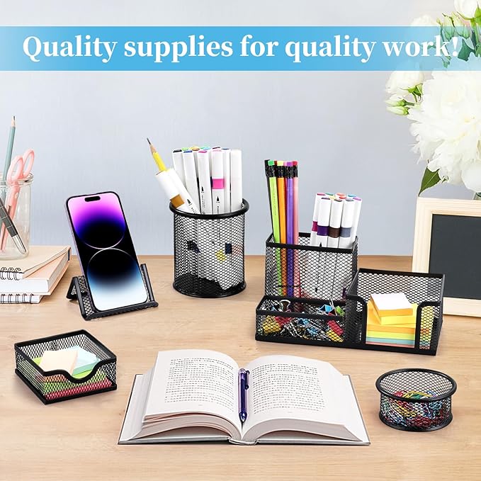 Mesh Pen Holder for Desk Pencil Holders 5 Pieces Desk Organizer Office Supplies Caddy with Sticky Notes Holder for Office School Home Black-DeskLoop Office