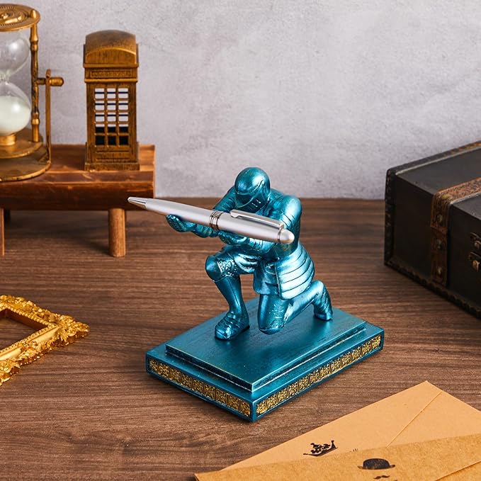 Spakon Knight Pen Holder with 2 Pens Resin Desk Organizers and Accessories Funny Executive Pen Stand Fancy Cool Office Gadgets Cool Desk Decorations for Men Home Supplies(Classic,Blue)-DeskLoop Office