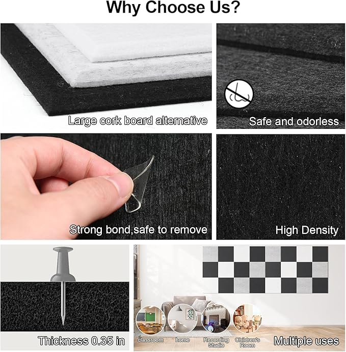 Large Cork Board for Walls 47" x 35" 12 Pack Black Bulletin Boards Felt Wall Tiles with Safe Removable Adhesive Corkboards for Office Home,Black-DeskLoop Office