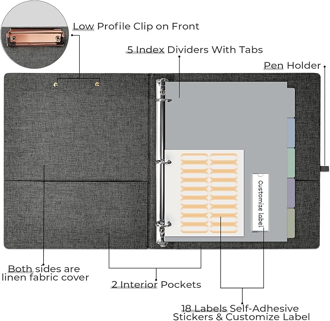 EYROZILL 3 Ring Binder, 1 Inch Linen Binder Organizer - Image 2