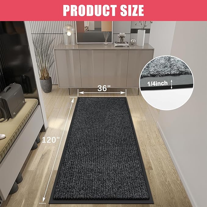 Kuyal Front Door Mat, 3'x10' Indoor Outdoor Entrance Mat, Commercial Floor Mats Inside Outside Entrance, Heavy Duty Durable Welcome, Rubber Backing Non Slip Outdoor Mats for Entryway,Black-DeskLoop Office