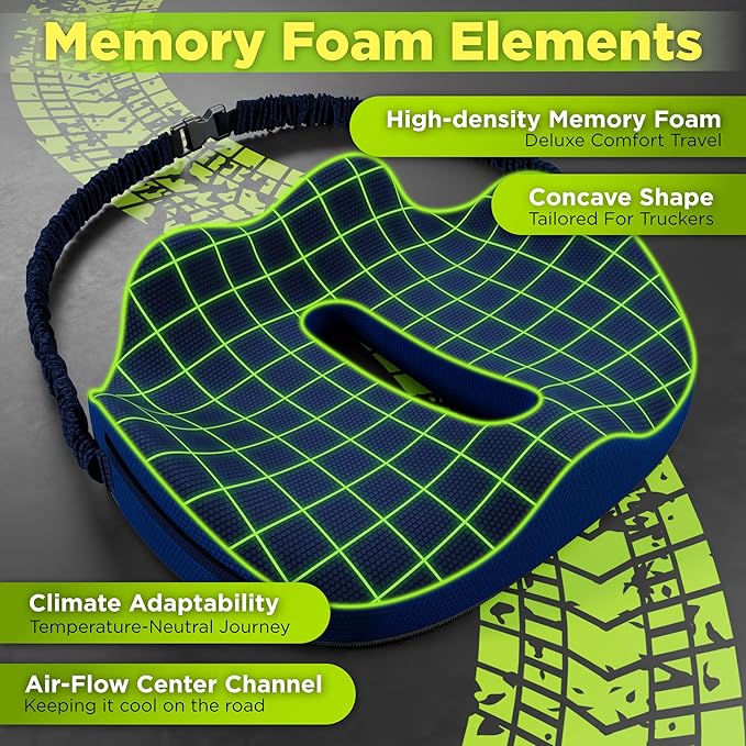 Large Truck Seat Cushion for Truck Driver Seat Cushion - Upgraded Back Support, CertiPUR-US® Certified - Thick Memory Foam, Pain Relief for Hours of Driving, Trucker Approved Big Rig - Navy-DeskLoop Office