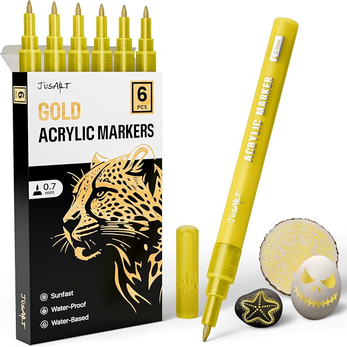 JusArt 6 Pack Gold Permanent Markers, 0.7mm Fine Point Gold Acrylic Markers by JusArt%7CCreativeArtSupplies