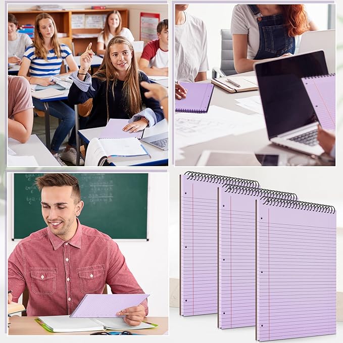 3 Packs 8.5" x 11" Top Spiral Notebook with 3 Hole Punched Legal Pads College Ruled Notepad 50 Sheets Hard Cardboard Paper Wirebound Notepad for Office School Business (Purple)-DeskLoop Office