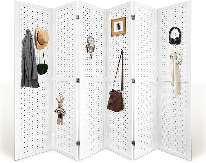 Room Divider, 5.6FT Folding Room Divider Panel, 6 Panel Pegboard Display Wood Partition Wall Divider for Room Separation& Craft Shows, White-DeskLoop Office