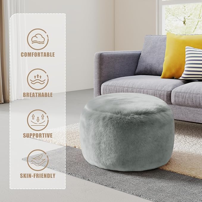Round Stuffed Pouf Ottoman Foot Rest, Faux Fur Poufs - Image 7