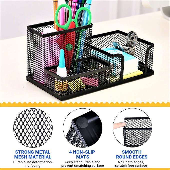 2 Pack 3 in 1 Mesh Pen Holder for Desk, 3 Compartments Pencil Holder Desk - Image 3
