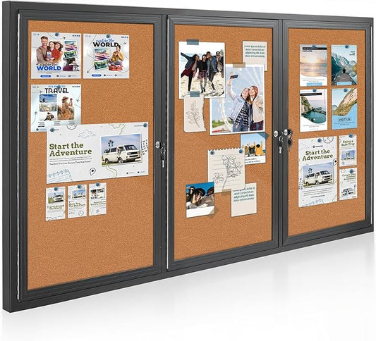 Enclosed Bulletin Board Lockable,3 Doors Weatherproof Outdoor Noticeboard with Locking Door, Wall-Mounted Aluminum Framed Presentation Board, 70x36 Inch-DeskLoop Office
