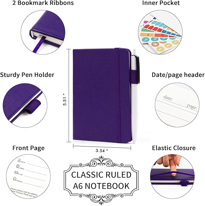 feela 15 Pack Pocket Small Notebooks Bulk, Mini Cute Notepads Hardcover College Ruled Lined Journals with Pen Holder for School Business Memos, with 15 Black Pens, 3.5”x 5.5”, A6, Purple-DeskLoop Office