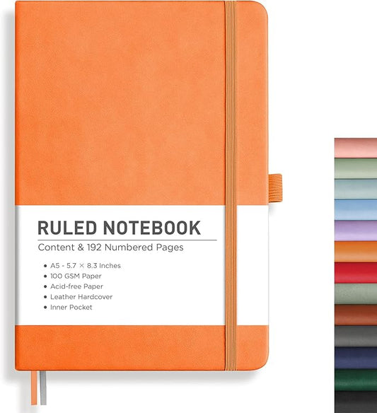 RETTACY Lined Journal Notebook, 192 Numbered Pages, A5 Medium Size (5.7'' x 8.3''), for Men & Women, Journaling, Writing, Work & Office, Leather Hardcover, 100 GSM Thick Paper (Orange)-DeskLoop Office
