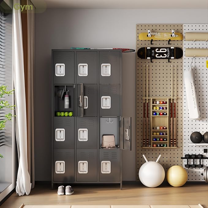 Metal Lockers for Employees with 12 Door and 12 Hooks,Metal Storage Locker with Lock for School Office Gym Bedroom,Assembly Required,Dark Grey-DeskLoop Office