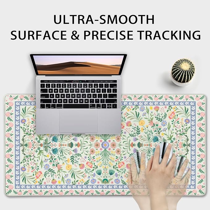 Green Floral Desk Mat, 31.5"x15.7" Large Mouse Pad, Anti-Slip Rubber Base - Image 9