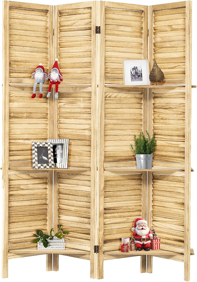 NicBex 4 Panel Room Divider,5.6FT Wood Carved Room Dividers with Display Shelves Folding Privacy Screens Portable Freestanding Partition Wall Dividers for Room Separation, Bedroom Office,Natural Wood-DeskLoop Office