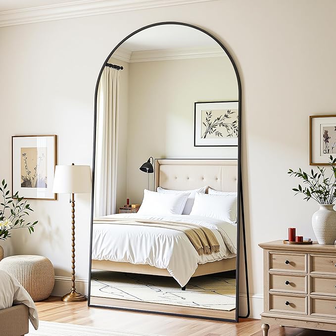 Full Length Mirror, 78"x38" Oversized Floor Mirror Freestanding, Full Body Mirror Floor Standing Mirrors with Stand, Hanging Mounted Mirrors for Bedroom Living Room, Black, Arched Style-DeskLoop Office