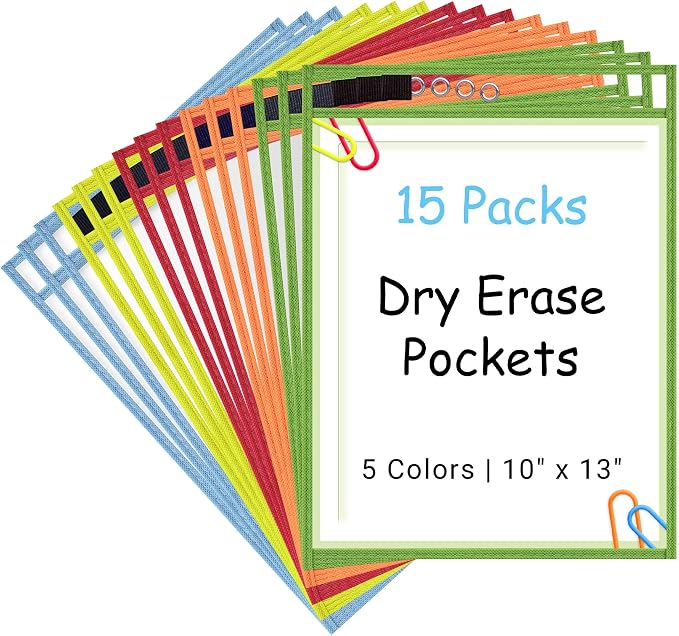 Ndsox 15 Packs Oversized Dry Erase Pockets Reusable Plastic Sleeves, 5 Colors by NDSOX