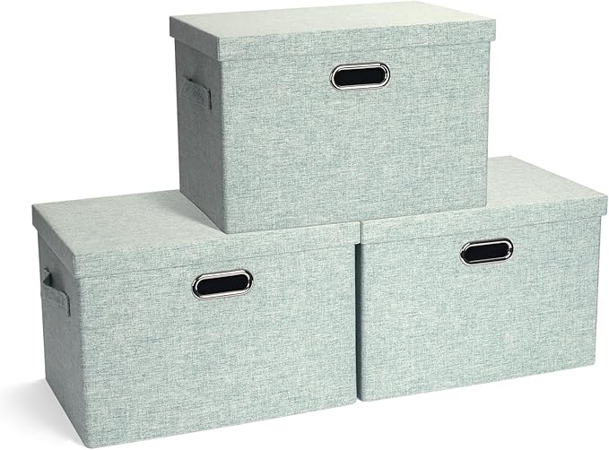 Large 17" 36 Quart Collapsible Stackable Storage Bins with Lids, 3 Packs Light Green Linen Fabric Closet Boxes with Lids, Storage Cube Baskets Container Organizers for Office (17x12x11)-DeskLoop Office