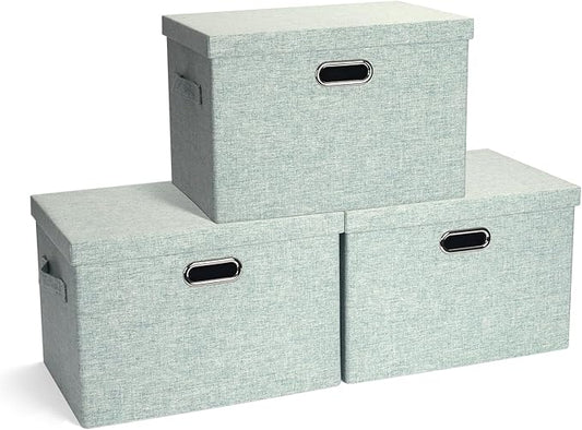Large 17" 36 Quart Collapsible Stackable Storage Bins with Lids, 3 Packs Light Green Linen Fabric Closet Boxes with Lids, Storage Cube Baskets Container Organizers for Office (17x12x11)-DeskLoop Office