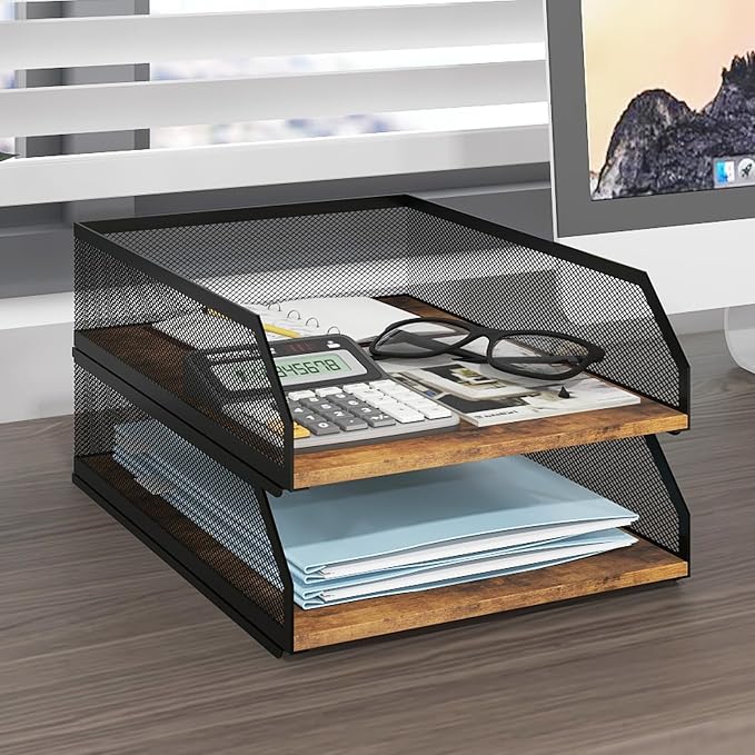 Natwind 2-Tier Stackable Paper Tray, Metal Mesh Desktop Organizer, Wood Board by Natwind
