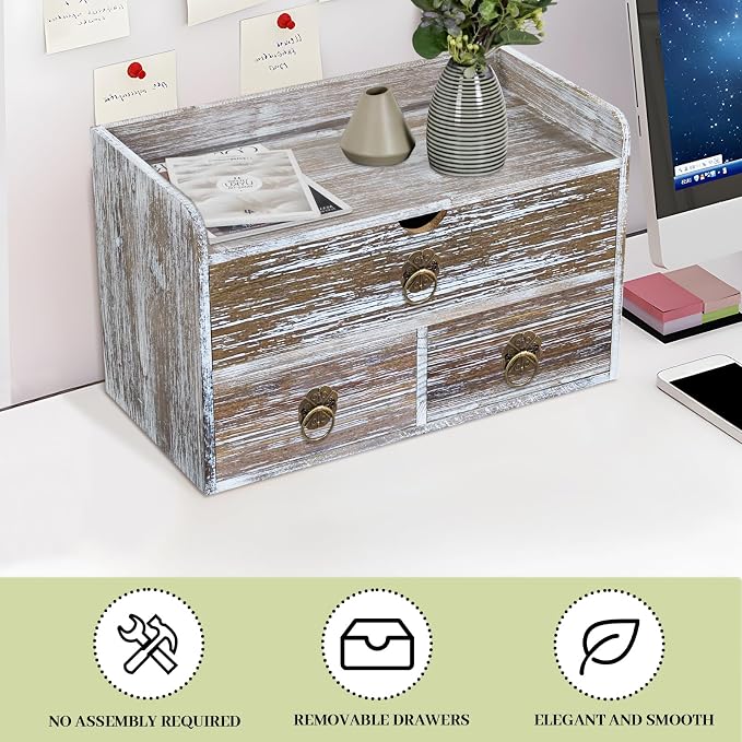 Wood Desk Organizer with Drawer, Washed Brown Wooden Desktop Organizer - Image 7