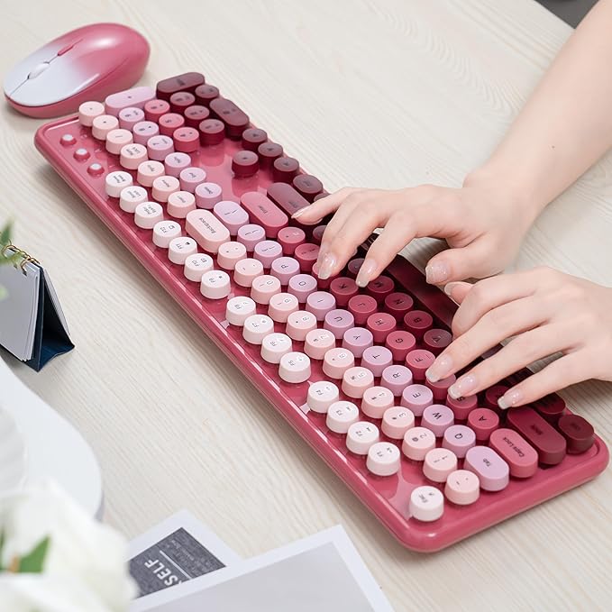 Colorful Wireless Keyboard and Mouse Combo, COVEVA 2.4GHz Wireless Retro Cute Round Keycaps Keyboard, 104 Keys Full-Sized Keyboard Mouse Set with Switch Button for PC Laptop Desktop (Pink Gradient)-DeskLoop Office