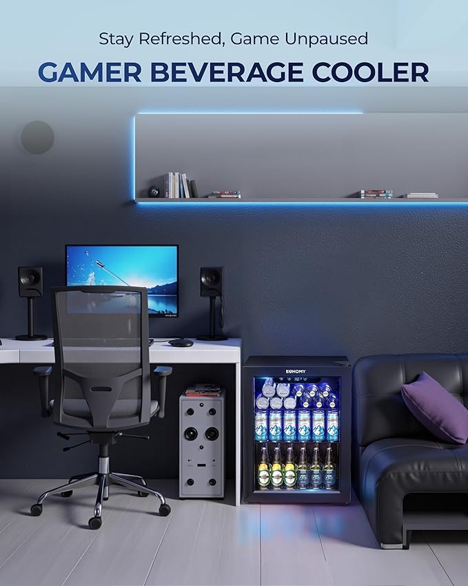 EUHOMY Beverage Refrigerator Cooler - 68 Can Mini Fridge with Glass Door for Soda, Beer, Wine, Small Refrigerator with Digital Temperature Control and Adjustable Shelves for Home Office Bar, 1.7 Cu.ft-DeskLoop Office