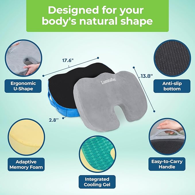 LuminaRest® Gel Enhanced Seat Cushion for Long Sitting – CertiPUR-US® Certified Memory Foam – Premium Gel Tailbone Pain Relief Cushion, Adaptable for Office, Car, Airplane & Wheelchair – (Gray)-DeskLoop Office