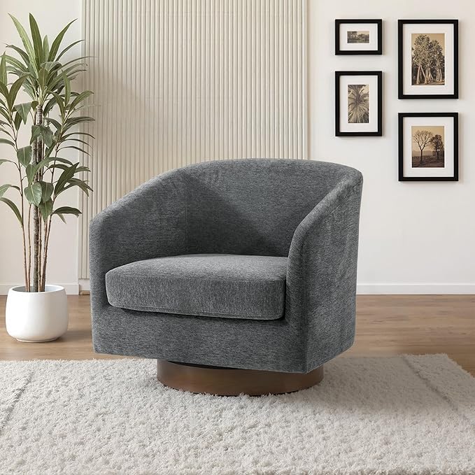 UIXE Swivel Accent Chair with Wood Base, Chenille Upholstered Barrel Chairs for Living Room, Comfy Round Armchair Single Sofa Bedroom Reading Seat - 31" W, Gray-DeskLoop Office