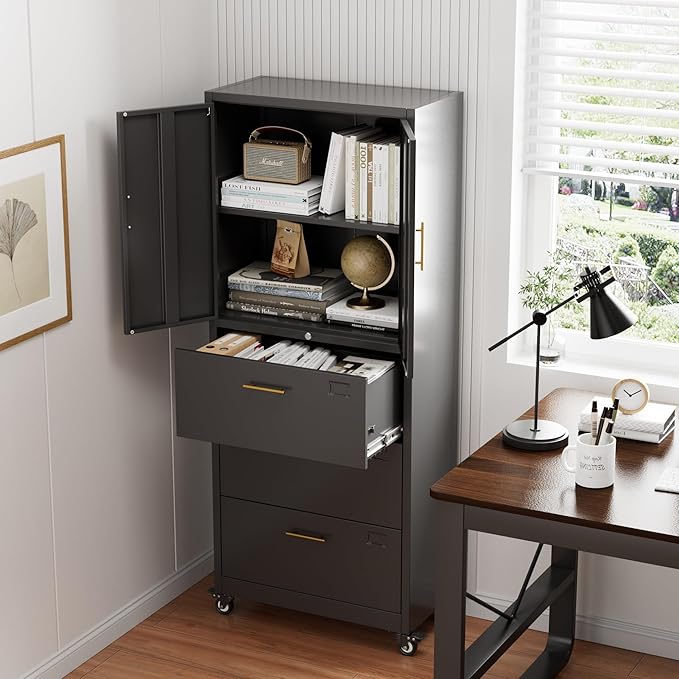 Aobabo Metal 3 Drawers Lateral File Storage Cabinet and Unit Adjustable Shelf Organizer, Steel Files Cabinet with Wheels, 2 Door Storage for Office Legal/Letter A4 Size, Assembly Required, Black-DeskLoop Office
