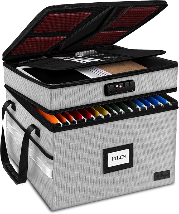 Fireproof Document Box with Lock, 2-Layer File Box Storage Organizer with 5 by ETRONIK