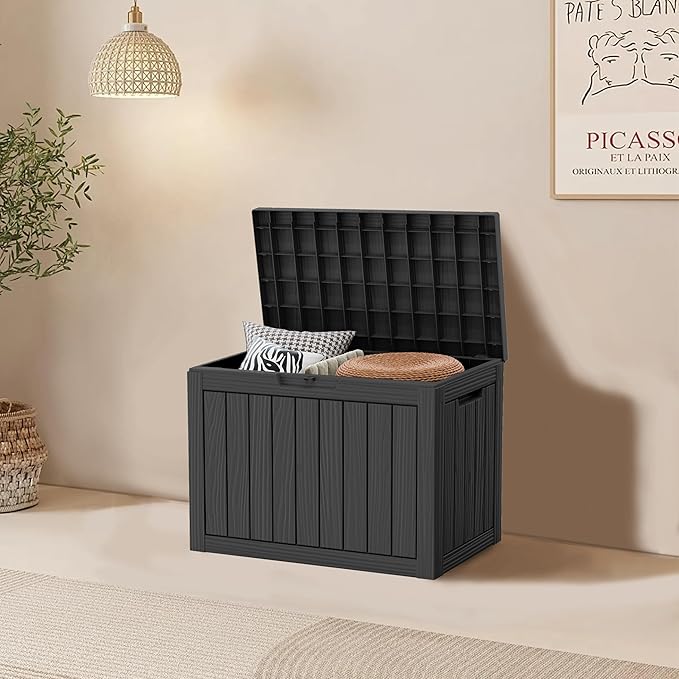 45 Gallon Resin Deck Box, Waterproof Outdoor Storage Bin for Patio, Poolside, and Garden, Lockable & UV-Resistant, Ideal for Small Spaces, Black-DeskLoop Office