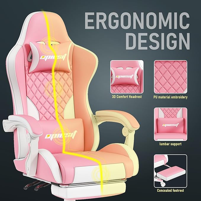 Gaming Chair,Ergonomic Computer Chairs for Adults with Footrest, PU Leather Office Chair with Adjustable Lumbar Support & Pocket Spring Cushion - Heavy Duty 400lb Capacity Gamer Chair (Pink)-DeskLoop Office