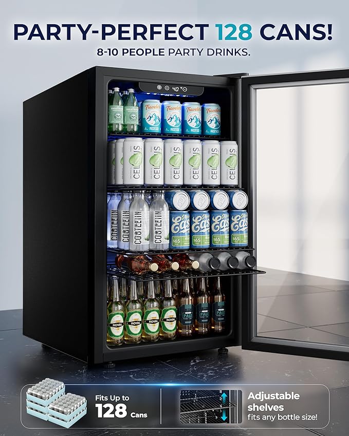 EUHOMY Beverage Refrigerator and Cooler, 128 Can Mini fridge with Glass Door, Small Refrigerator with Adjustable Shelves for Soda Beer or Wine, Perfect for Home/Bar/Office, Silver-DeskLoop Office
