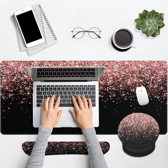 Britimes Rose Gold Pink Keyboard Mouse Pad Set Black Golden 4in1 Large - Image 7