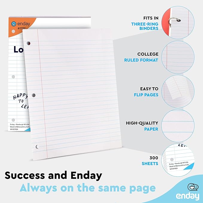 Loose Leaf Paper Bulk, 3600 Sheets, College Ruled, (24 Pack) 150 Sheets Per Pack, 8" x 10.5" White Filler Paper, 3 Hole Punched Binder Paper for 3 Ring Binders, Notebook Paper - By Enday-DeskLoop Office