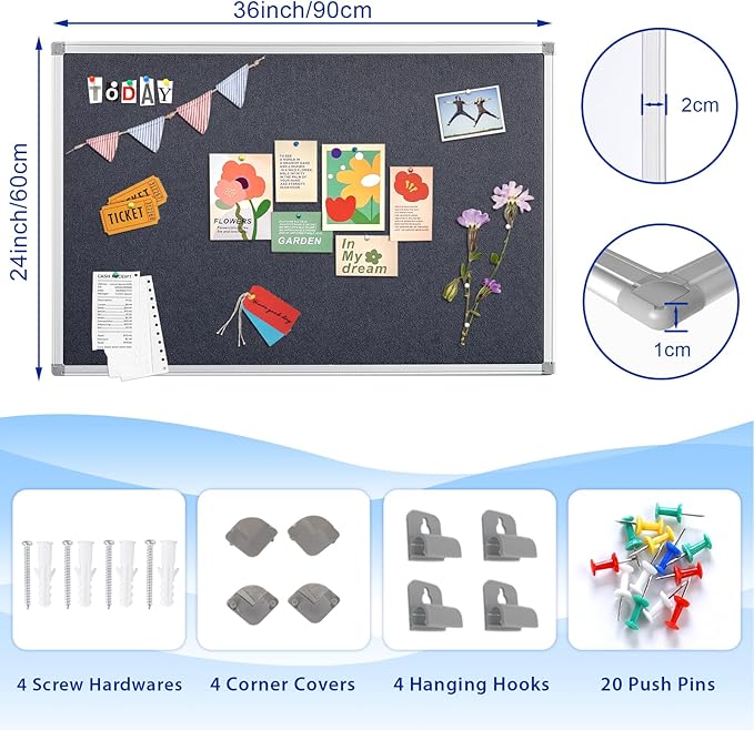 Fabric Notice Pin Board Bulletin Board for Home Office Classroom,Wall-Mount,Black Felt,36x24inches-DeskLoop Office