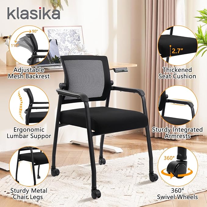 Waiting Room Chairs with Wheels, Adjustable Mesh Backrest, Desk Chair with Ergonomic Lumbar Support and Thickened Seats Cushion, 2 Pack Black-DeskLoop Office