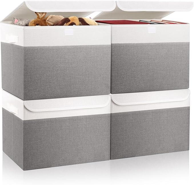 Large 22 Quart Linen Fabric Foldable Storage Bin Cube Organizer Basket with Flip-Top Lid & Handles, Clothes Blanket Box for Home, Office, Closet, Gray & White, 4 Pack 14.6 x 9.5 x 9.5”-DeskLoop Office