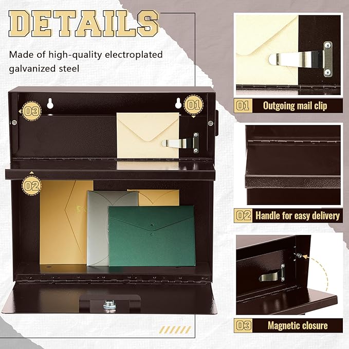 Extra Large Wall Mount Mailboxes for Outside 15.35 x 15 x 7 Inches Locking Security Mail Box Galvanized Steel Wall Mailbox Large Capacity Post Box with Key Lock and Reflective Stickers(Brown)-DeskLoop Office