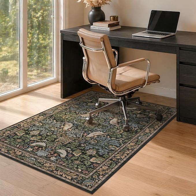 3x4 Green Office Chair Mat for Hard Wood & Tile Floor, Boho Low Pile Carpet by JTJ